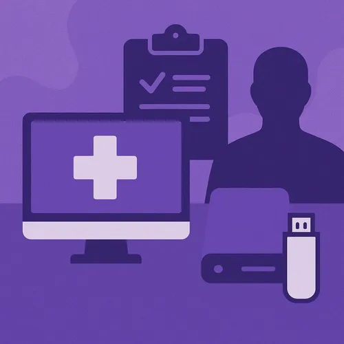 Illustratie van digitale zorgomgeving met computer, USB-stick en checklist, symbool voor IT in zorginstellingen