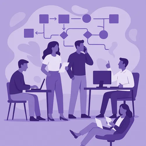 Illustratie van verschillend werkende mensen in een moderne kantooromgeving