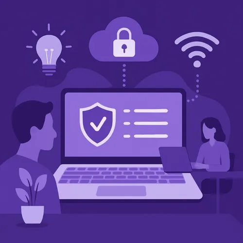 Modern digitaal werken met focus op beveiliging, cloud en draadloze verbinding.