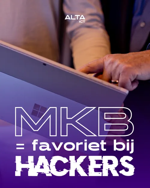 Twee mensen gebruiken een Microsoft Surface, met de tekst MKB = favoriet bij hackers – ALTA ICT