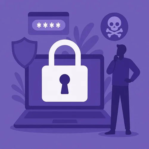 Illustratie van digitale beveiliging met hangslot, laptop en waarschuwingsicoon