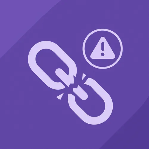 Illustratie van een gebroken link met waarschuwingssymbool in ALTA-ICT paars