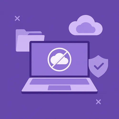 Laptop met blokkade-icoon voor cloudopslag, omgeven door beveiligingssymbolen.