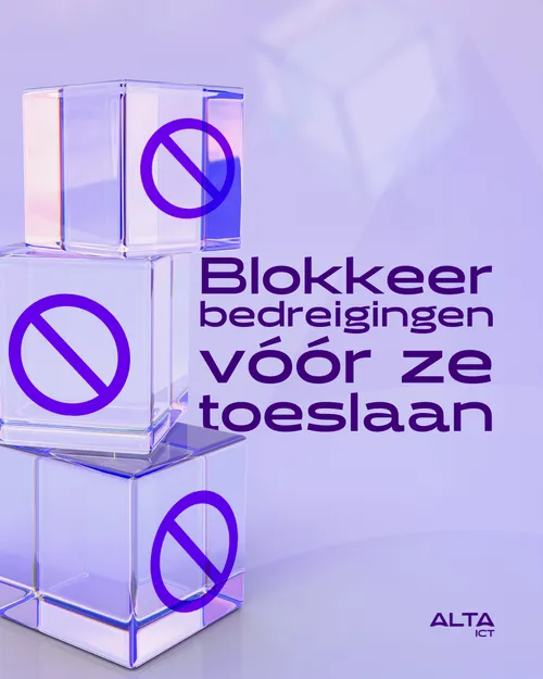 ALTA-ICT visual met paarse 3D blokken en tekst ‘Blokkeer bedreigingen vóór ze toeslaan’ over DNS-filtering en cybersecurity