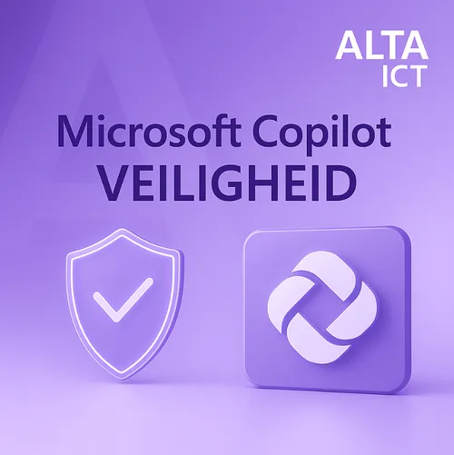 Microsoft Copilot veiligheid – ALTA-ICT branding met paarse futuristische 3D elementen en beveiligingsicoon