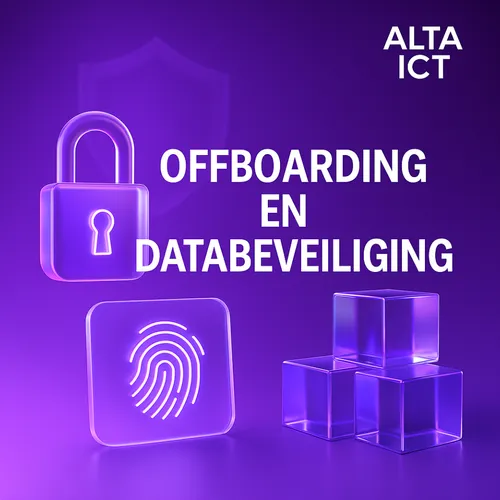 Offboarding en databeveiliging illustratie met slot, vingerafdruk en glasachtige elementen – ALTA-ICT branding