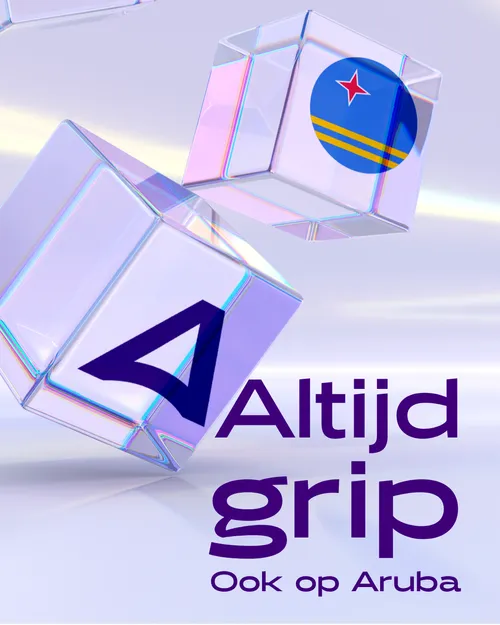 Visual met glazen kubussen, het ALTA-ICT-logo en de vlag van Aruba, met de tekst Altijd grip – Ook op Aruba