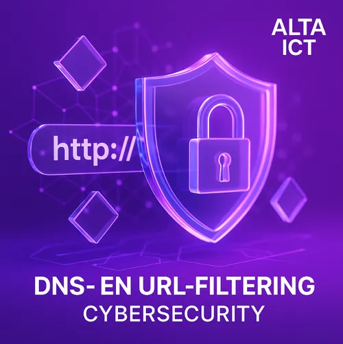 uturistische 3D-illustratie van DNS- en URL-filtering cybersecurity met ALTA-ICT logo