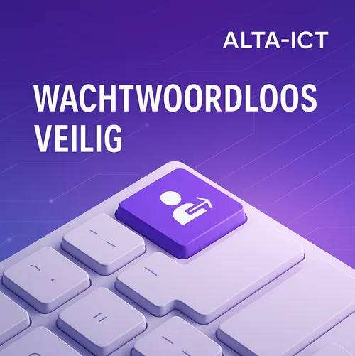ALTA-ICT wachtwoordloos inloggen visual met paarse toets en netwerkachtergrond