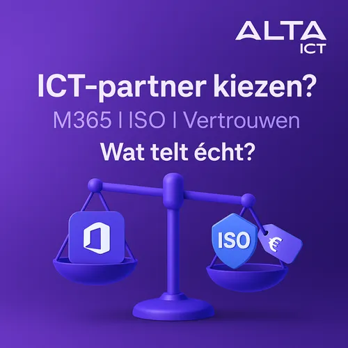 Weegschaal met M365, ISO en prijs pictogrammen op paarse achtergrond – ALTA-ICT