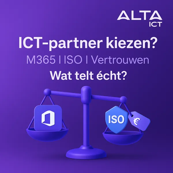 Choosing ICT partner – What really counts? Weegschaal met M365, ISO en prijs pictogrammen op paarse achtergrond – ALTA-ICT