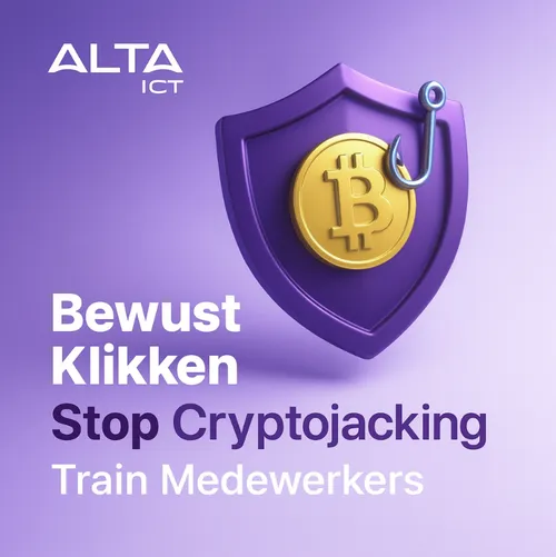 ALTA-ICT visual met schild, bitcoin symbool en phishing hook – Stop cryptojacking