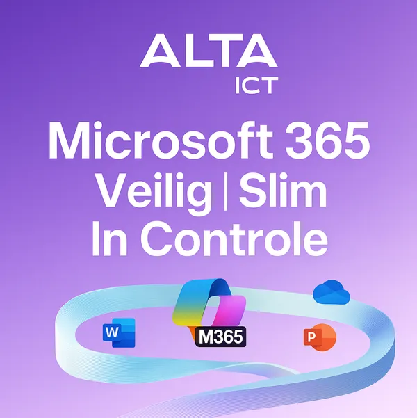 Microsoft 365 Uitdagingen voor het MKB Microsoft 365 visueel met ALTA-ICT logo, paarse achtergrond en M365 icoonlint