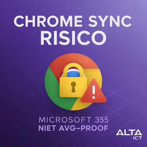 Afbeelding met paars verloop, Google Chrome-logo met hangslot en waarschuwing, tekst Chrome Sync Risico, ALTA-ICT logo rechtsonder.