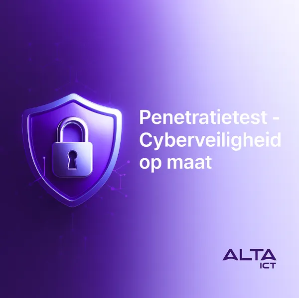 Penetration test – Cybersecurity customized Digitale afbeelding met paarse achtergrond, 3D-schild met hangslot, tekst “Penetratietest”, ALTA-ICT logo rechtsonder.