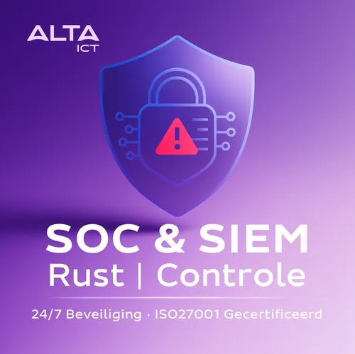 Paarse achtergrond met ALTA-ICT logo, schild met slot, tekst over SOC, SIEM en beveiliging.