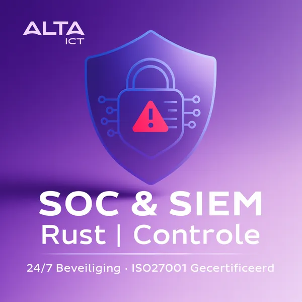 SOC & SIEM – Rust, Controle en Compliance Paarse achtergrond met ALTA-ICT logo, schild met slot, tekst over SOC, SIEM en beveiliging.