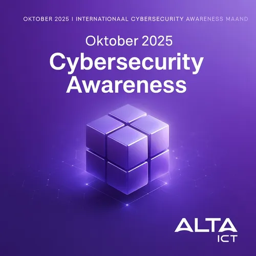 Paarse afbeelding met een 3D kubus, witte tekst “Oktober 2025 Cybersecurity Awareness” en ALTA-ICT logo linksonder.