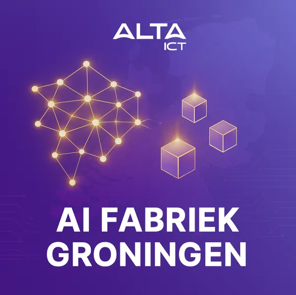 AI Factory Groningen – What Does It Mean For Your Business? Wit ALTA-ICT logo boven paarse kaart van Nederland, met gouden neuraal netwerk en zwevende datablokken.