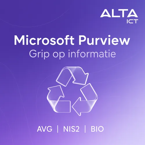 Paarse afbeelding met ALTA-ICT logo, tekst “Microsoft Purview”, recycle-icoon en termen AVG, NIS2, BIO