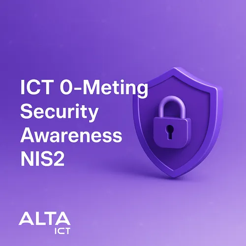 Paarse afbeelding met wit ALTA-ICT logo, tekst “ICT 0-Meting Security Awareness NIS2” en een digitaal schild.