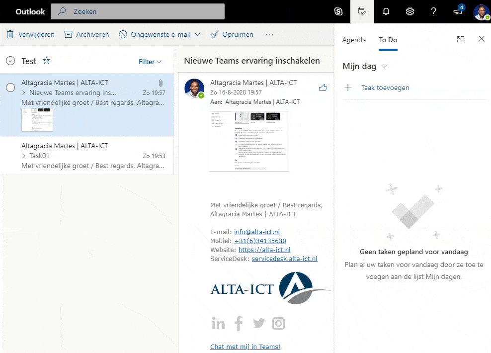 mail naar Taak - Nieuwe teams ervaring inschakelen