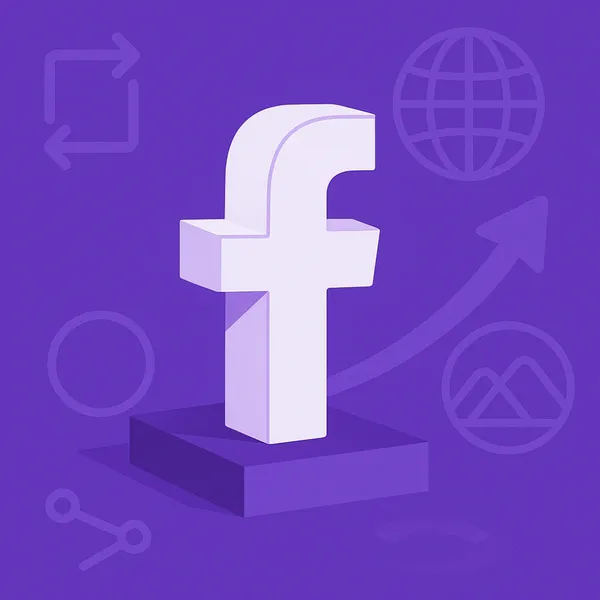 Facebook-logo op sokkel met metaverse-symboliek op paarse achtergrond