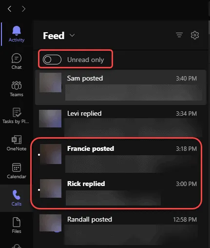team activity feed unread