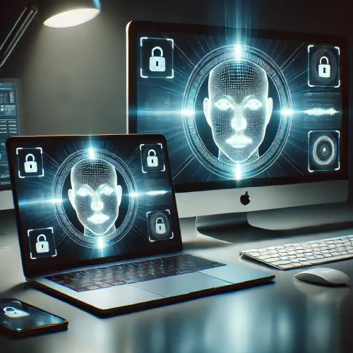 MacBook and iMac with a glowing Face ID MacBook and iMac with a glowing Face ID