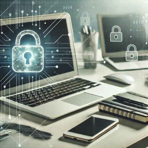 Moderne werkplek met MacBook en beveiliging Moderne werkplek met MacBook en beveiliging