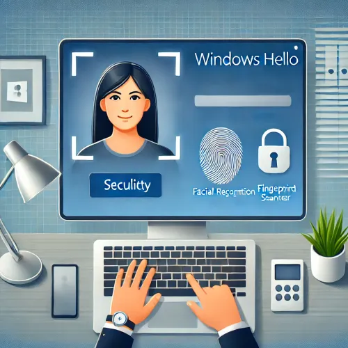 Windows Hello Gebruiker stelt Windows Hello in op een laptop met gezichtsherkenning en vingerafdrukscanner in een moderne werkruimte, benadrukt eenvoud en veiligheid.