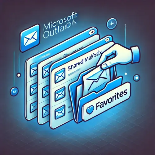 Illustratie van een Microsoft Outlook-interface waarin een gedeeld postvak wordt toegevoegd aan favorieten