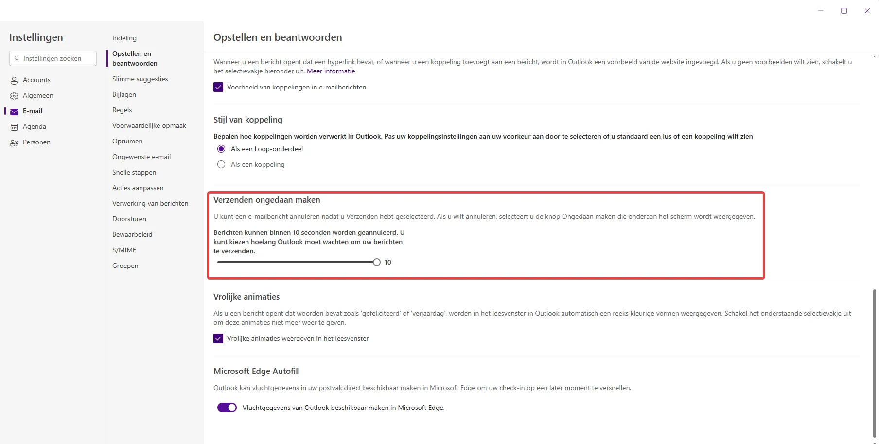 Recall function in Outlook settings