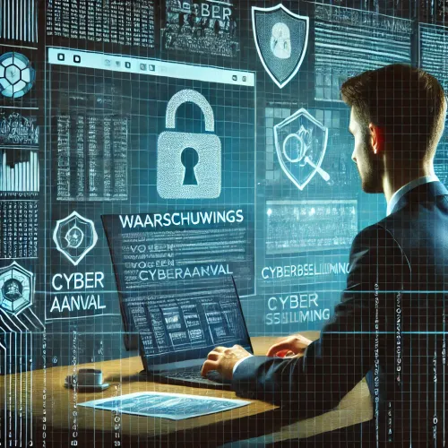cyberaanval IT-professional onderzoekt cyberaanval op een computerscherm met waarschuwingsmelding, omringd door digitale codes en een schild-icoon voor cyberbeveiliging