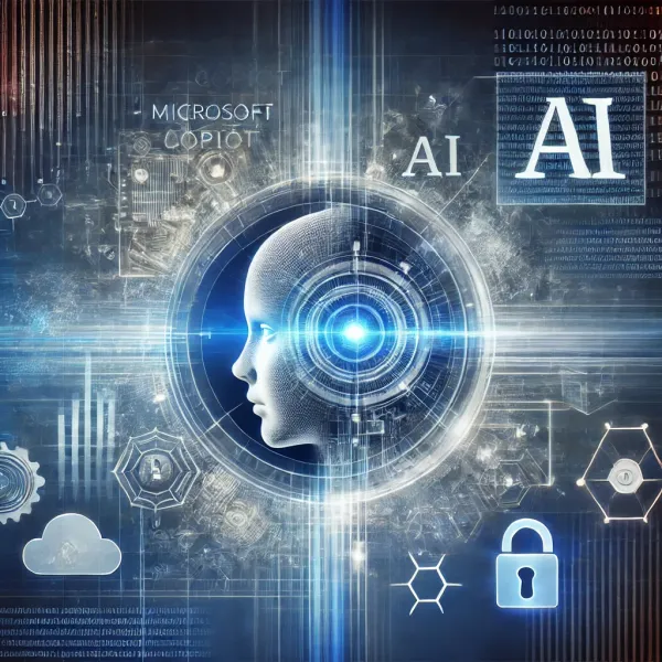 Abstracte illustratie van AI en gegevensbeveiliging met Microsoft Copilot, die gevoelige data scant en classificeert. Inclusief digitale sloten en cloud-iconen.