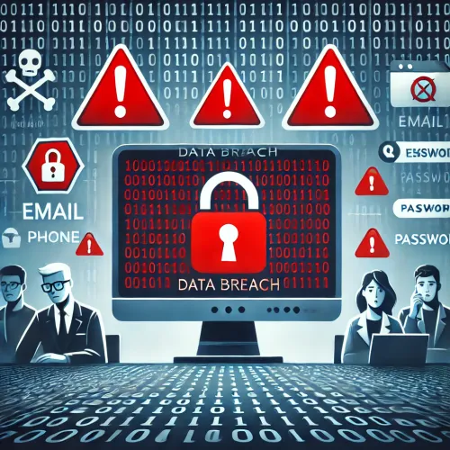 Digitale illustratie van datalek bij onderzoeksinstelling met waarschuwingen, wetenschappers en binaire code