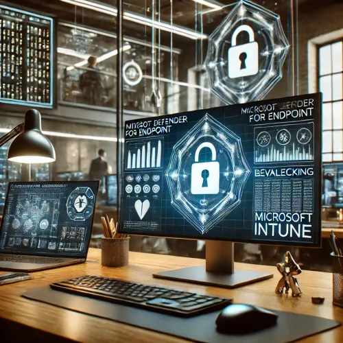 Een IT-beheerder bekijkt een beveiligingsdashboard met Microsoft Defender en Intune in een moderne IT-omgeving. Beveiligingsicoontjes symboliseren endpoint security.