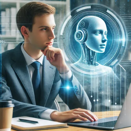 Een professional werkt kritisch op een laptop, terwijl een AI-assistent als holografische interface suggesties geeft. Dit symboliseert de balans tussen AI en kritisch denken.