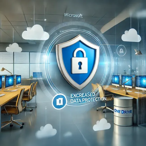 Illustratie van Microsoft OneDrive-interface met een beveiligingsicoon, dat wijzigingen in machtigingen en verhoogde databeveiliging symboliseert.