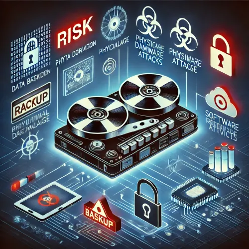 Tape-back-up concept met risico’s zoals schade, ransomware en veroudering, met een focus op dataherstel en beveiliging.
