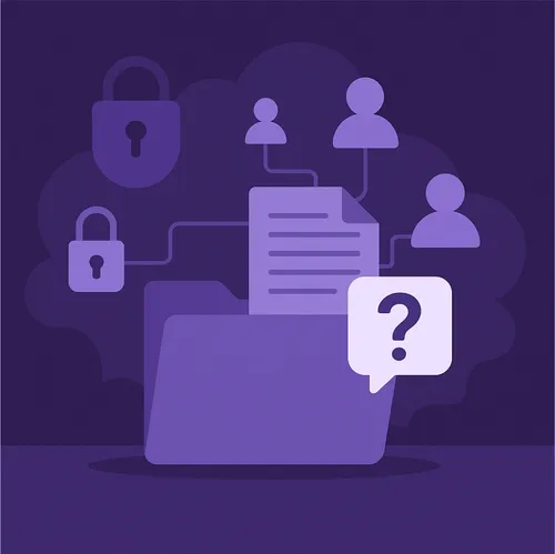 Bestanden en gebruikers verbonden via beveiligingsiconen in paarse tinten, symbool voor gedeelde toegang en gegevensbeveiliging