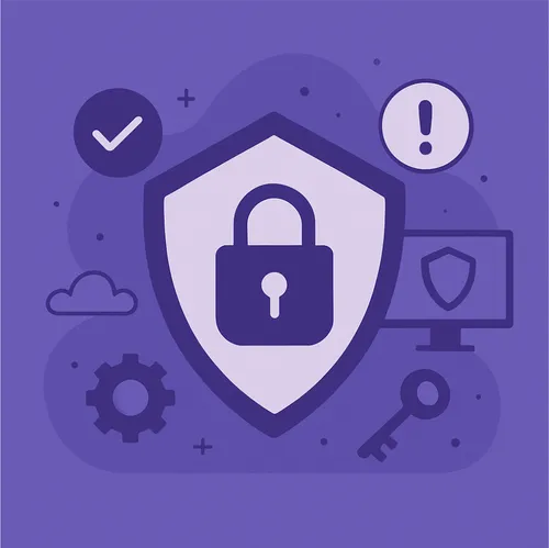 Beveiligingsicoon met schild en slot in paarse stijl Beveiligingsicoon met schild en slot in paarse stijl