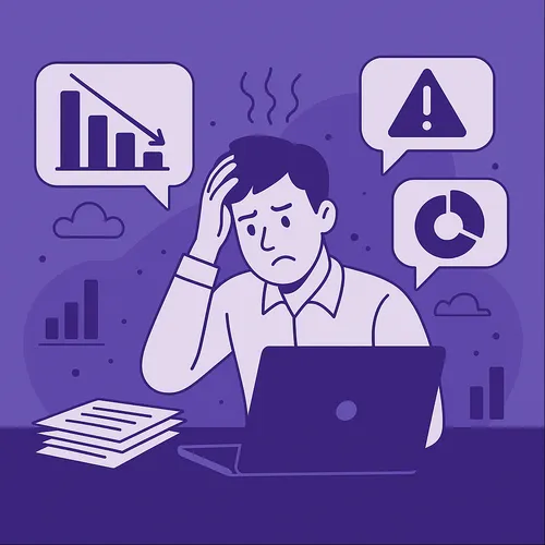 Gestreste werknemer aan bureau omringd door datafouten, in paarse stijl Gestreste werknemer aan bureau omringd door datafouten, in paarse stijl