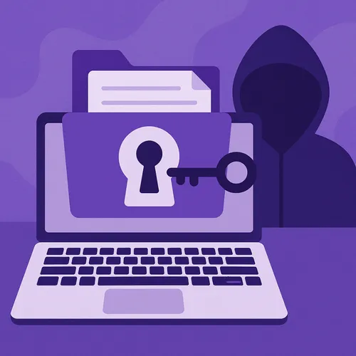 Illustratie van een laptop met sleutelgat en map, met een schaduwfiguur op de achtergrond – focus op toegang tot gevoelige informatie Illustratie van een laptop met sleutelgat en map, met een schaduwfiguur op de achtergrond - focus op toegang tot gevoelige informatie