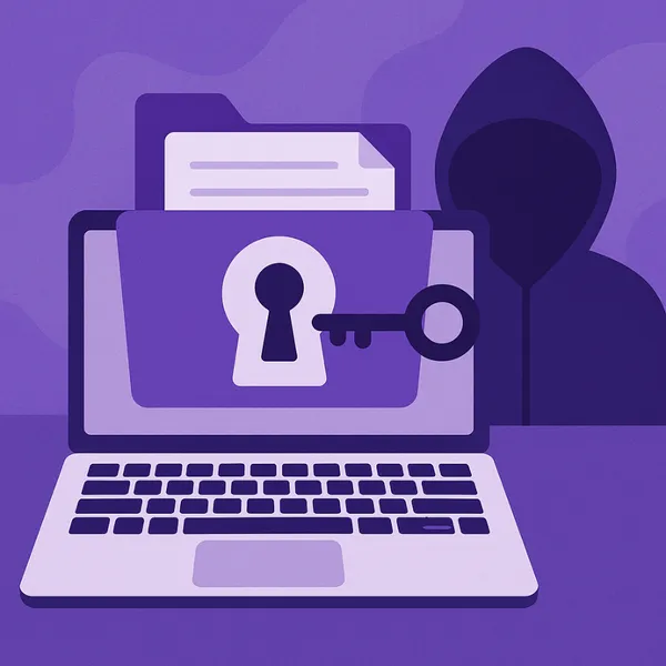 Illustratie van een laptop met sleutelgat en map, met een schaduwfiguur op de achtergrond - focus op toegang tot gevoelige informatie