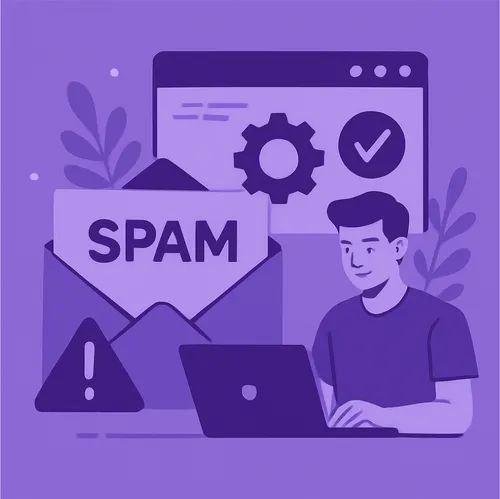 Illustratie van spam e-mail probleem oplossen in paarse tinten
