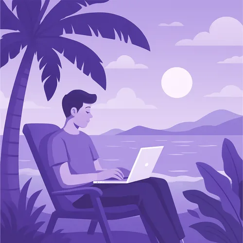 Man werkt remote op laptop aan tropische kust
