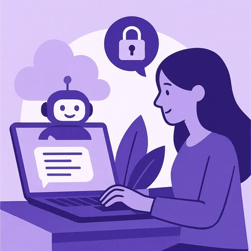 Vrouw werkt met AI assistent op laptop, focus op privacy