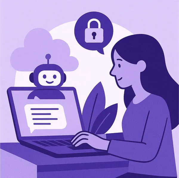 Vrouw werkt met AI assistent op laptop, focus op privacy