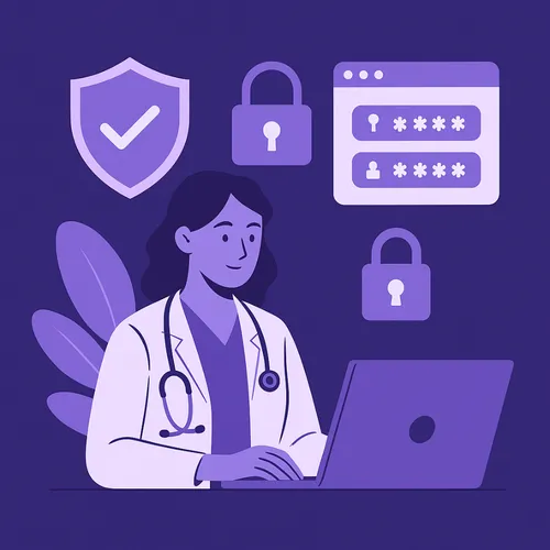 Zorgmedewerker veilig werkend met laptop en cybersecuritysymbolen